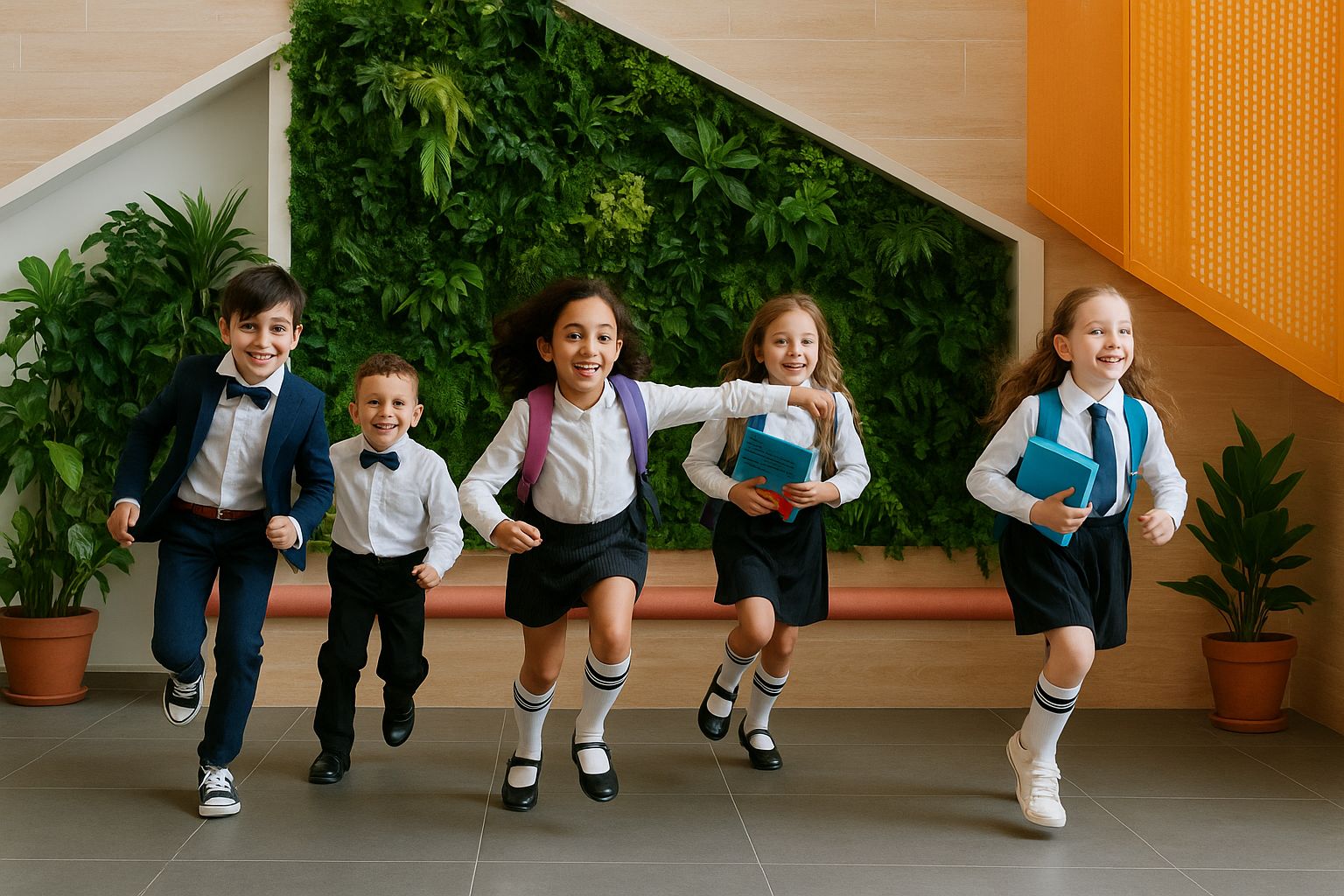 school kids and plants